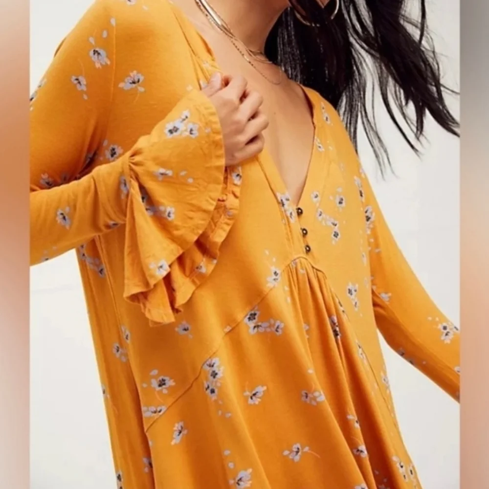 NWOT Free People Olivia Printed Tunic Yellow Buttery-Soft Size Meduim